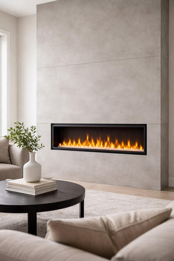 Minimalist concrete fireplace wall with linear electric fireplace in Sarasota Florida