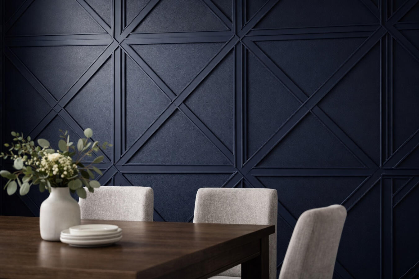 Navy geometric accent wall with trim molding in modern dining room Sarasota area