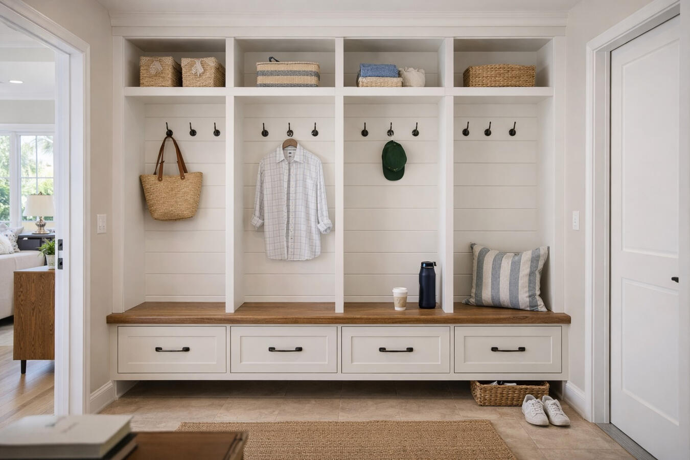 Custom mudroom with built-in lockers bench and shiplap wall in Bradenton Sarasota home