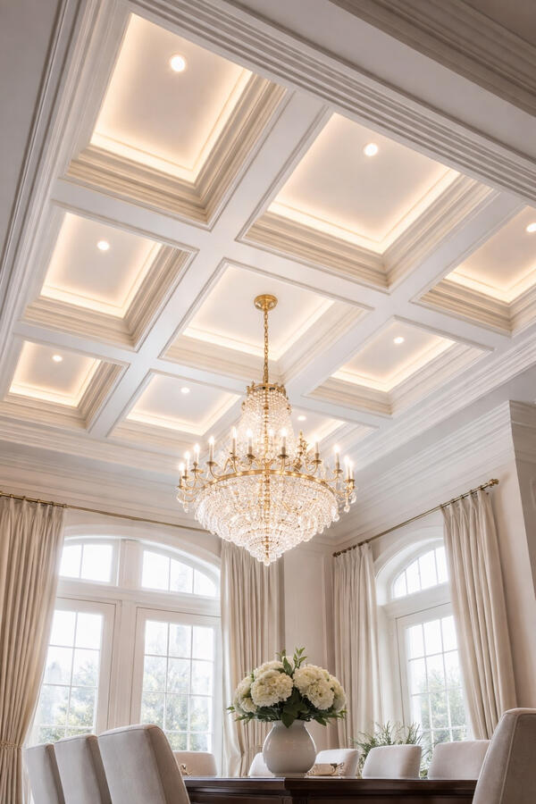 White coffered ceiling with custom millwork and chandelier in Sarasota dining room