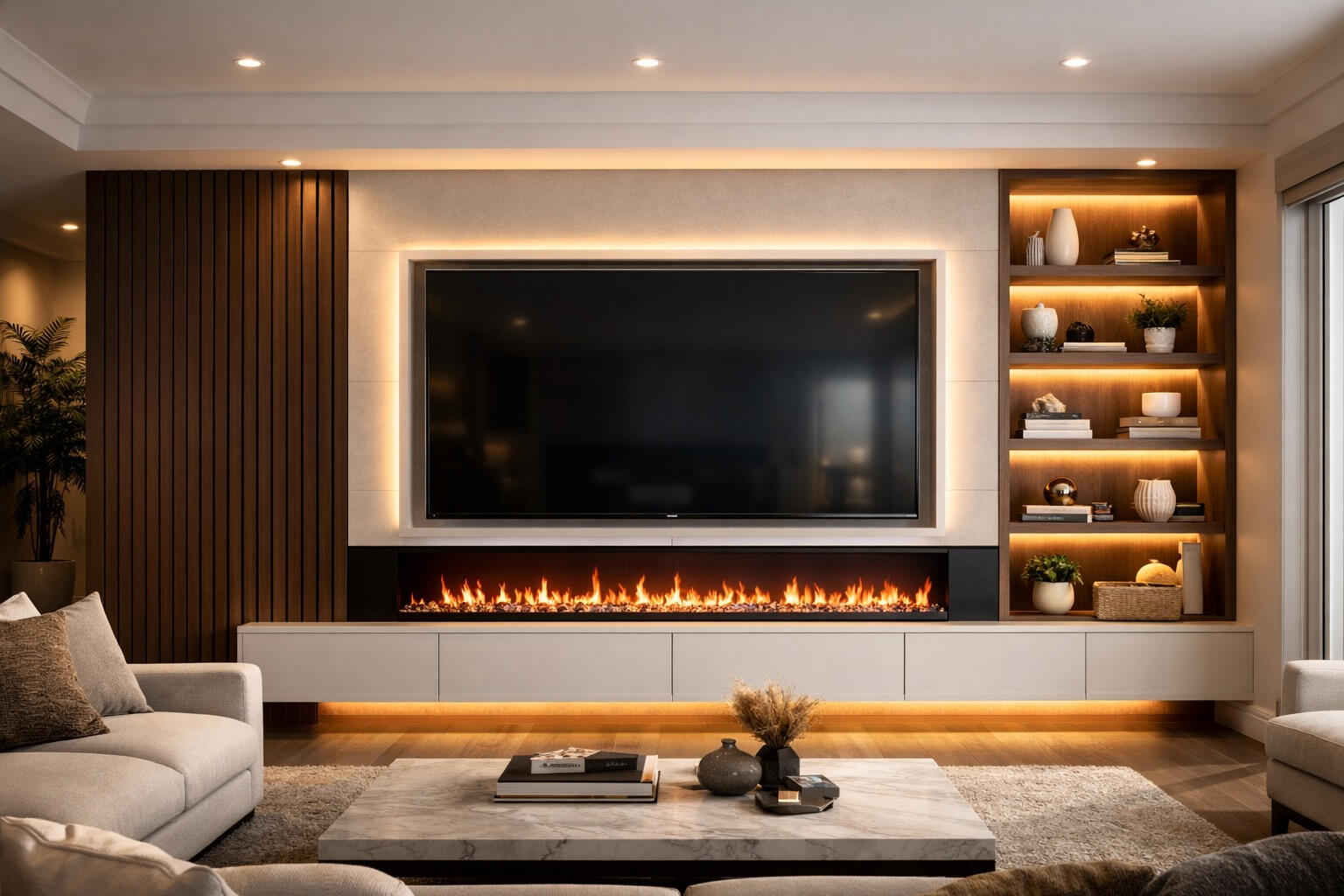 Modern TV media wall with walnut slats, floating cabinets, and linear fireplace in Bradenton Sarasota area