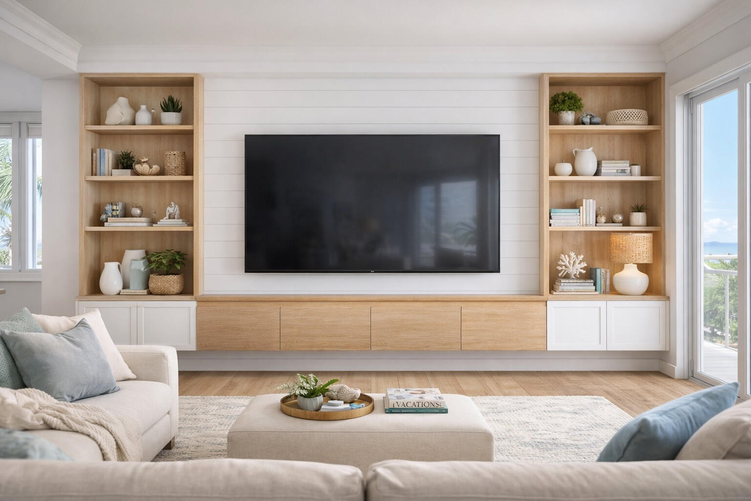 Coastal TV wall with white shiplap and white oak built-ins in Sarasota Florida home