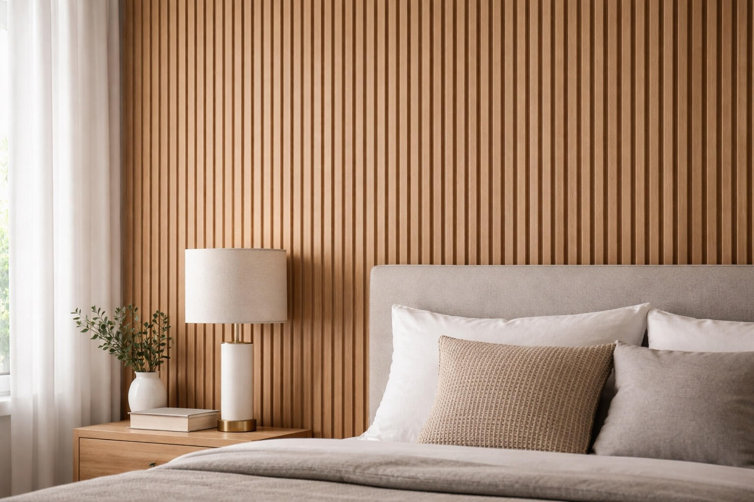 Light oak wood slat accent wall in modern bedroom Sarasota Florida